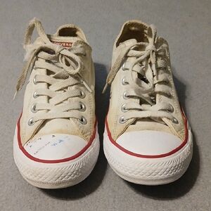 Converse Low-Top Canvas Sneakers in Cream with Red Trim
